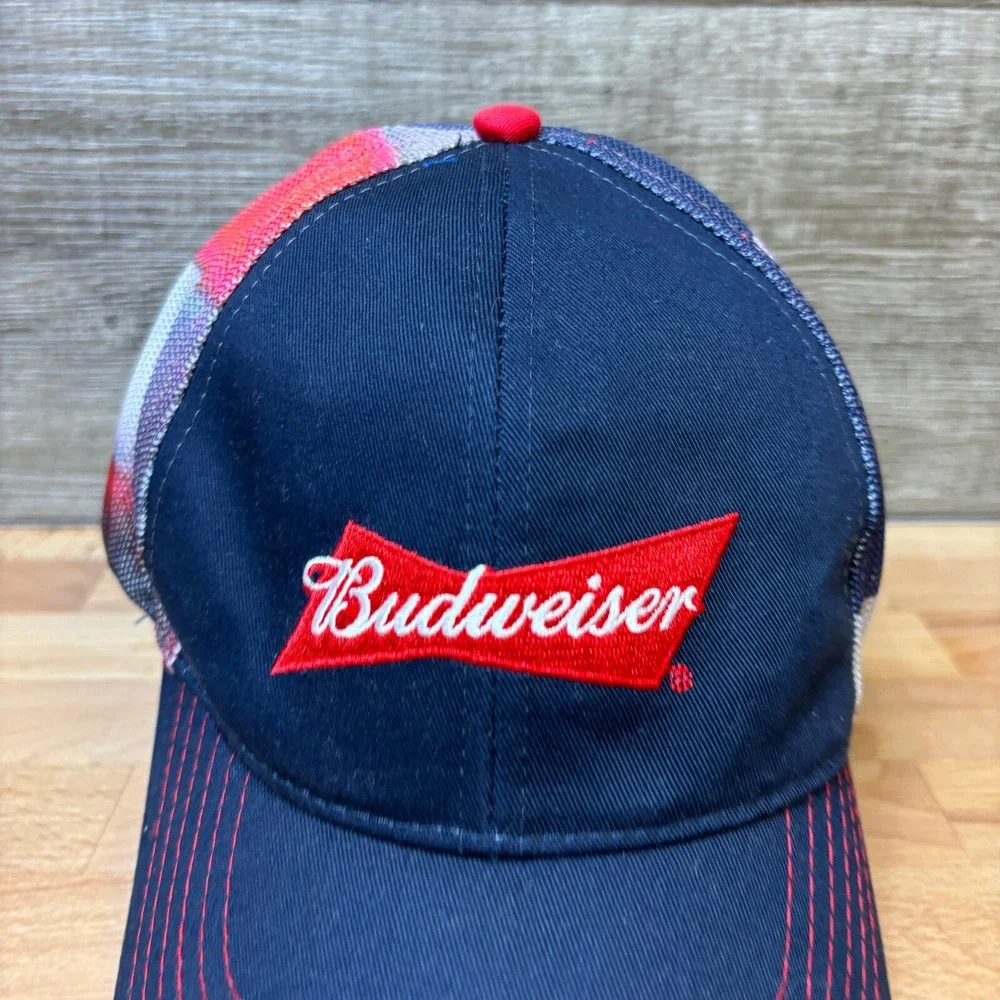 Budweiser Hat‎ Cap Strap Back Blue Beer Bud Drinking USA Flag Black K Products
